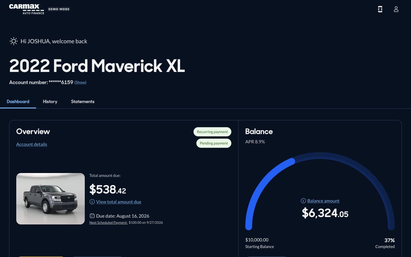 CarMax Auto Finance Demo Mode account dashboard with a simulated vehicle, payment amount, and account balance