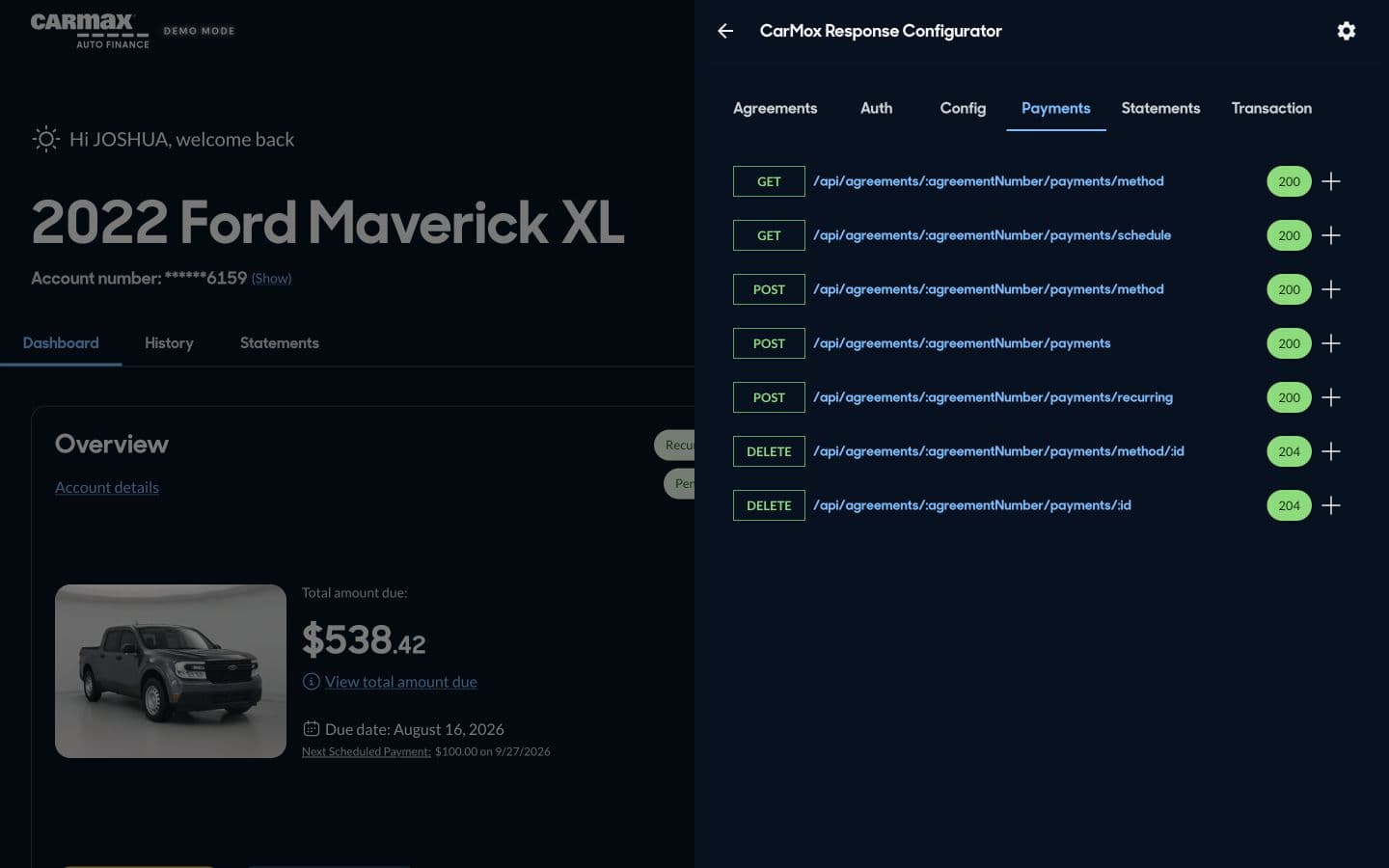 CarMox Response Configurator drawer listing payment API endpoints and their configured HTTP response codes