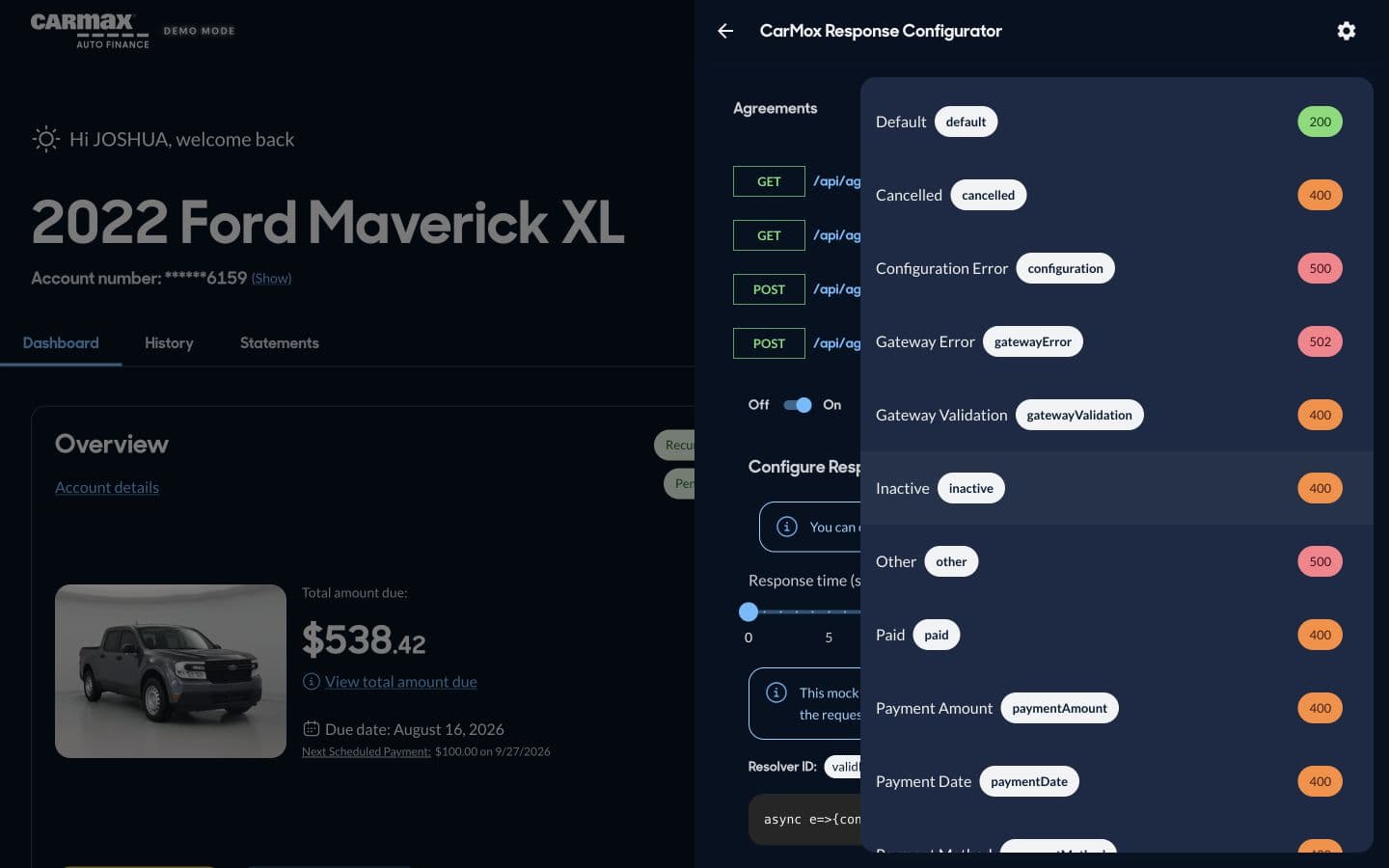 Expanded Demo Mode response handler showing selectable success and error scenarios for a payment endpoint